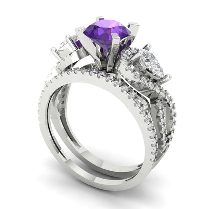 1.925 cttw Round Cut Natural Amethyst Bridal Set - Solid White Gold Engagement Ring & Wedding Band