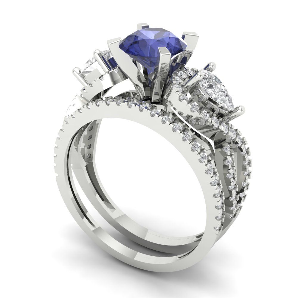 1.925 cttw Round Cut Simulated Tanzanite Bridal Set - Solid White Gold Engagement Ring & Wedding Band