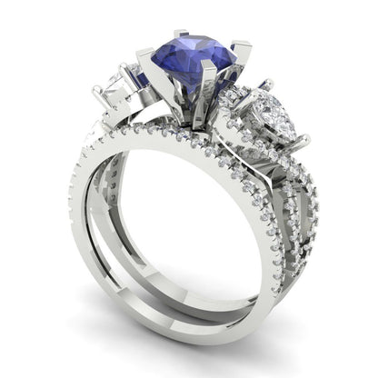 1.925 cttw Round Cut Simulated Tanzanite Bridal Set - Solid White Gold Engagement Ring & Wedding Band