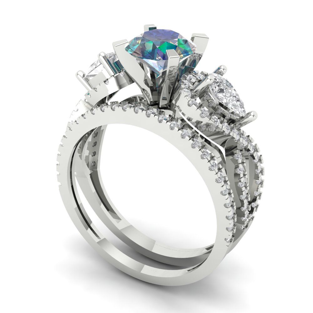 1.925 cttw Round Cut Blue Moissanite Bridal Set - Solid White Gold Engagement Ring & Wedding Band