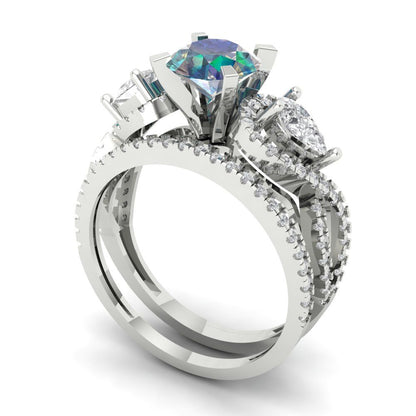 1.925 cttw Round Cut Blue Moissanite Bridal Set - Solid White Gold Engagement Ring & Wedding Band