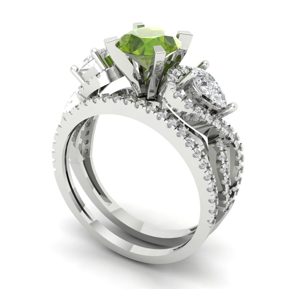 1.925 cttw Round Cut Natural Peridot Bridal Set - Solid White Gold Engagement Ring & Wedding Band