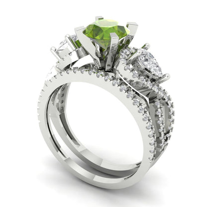 1.925 cttw Round Cut Natural Peridot Bridal Set - Solid White Gold Engagement Ring & Wedding Band