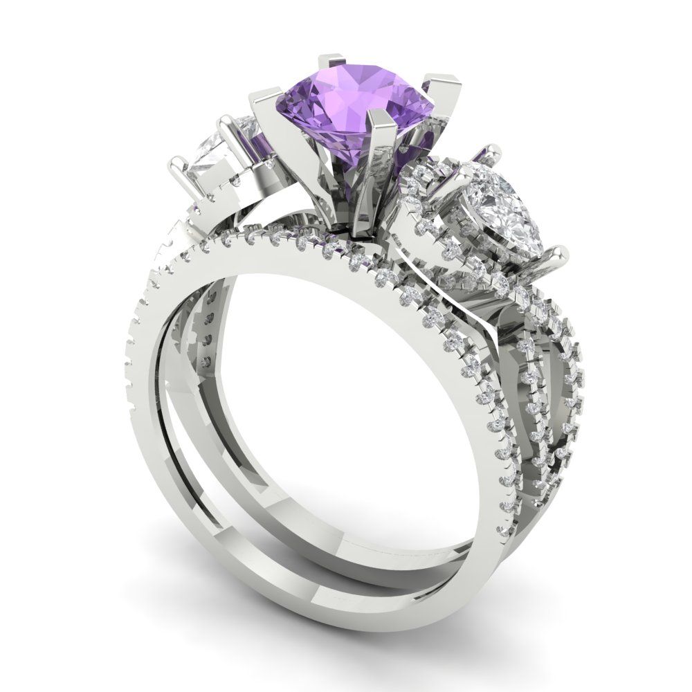 1.925 cttw Round Cut Simulated Alexandrite Bridal Set - Solid White Gold Engagement Ring & Wedding Band