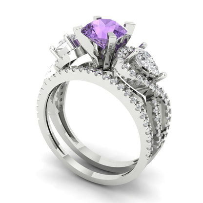 1.925 cttw Round Cut Simulated Alexandrite Bridal Set - Solid White Gold Engagement Ring & Wedding Band