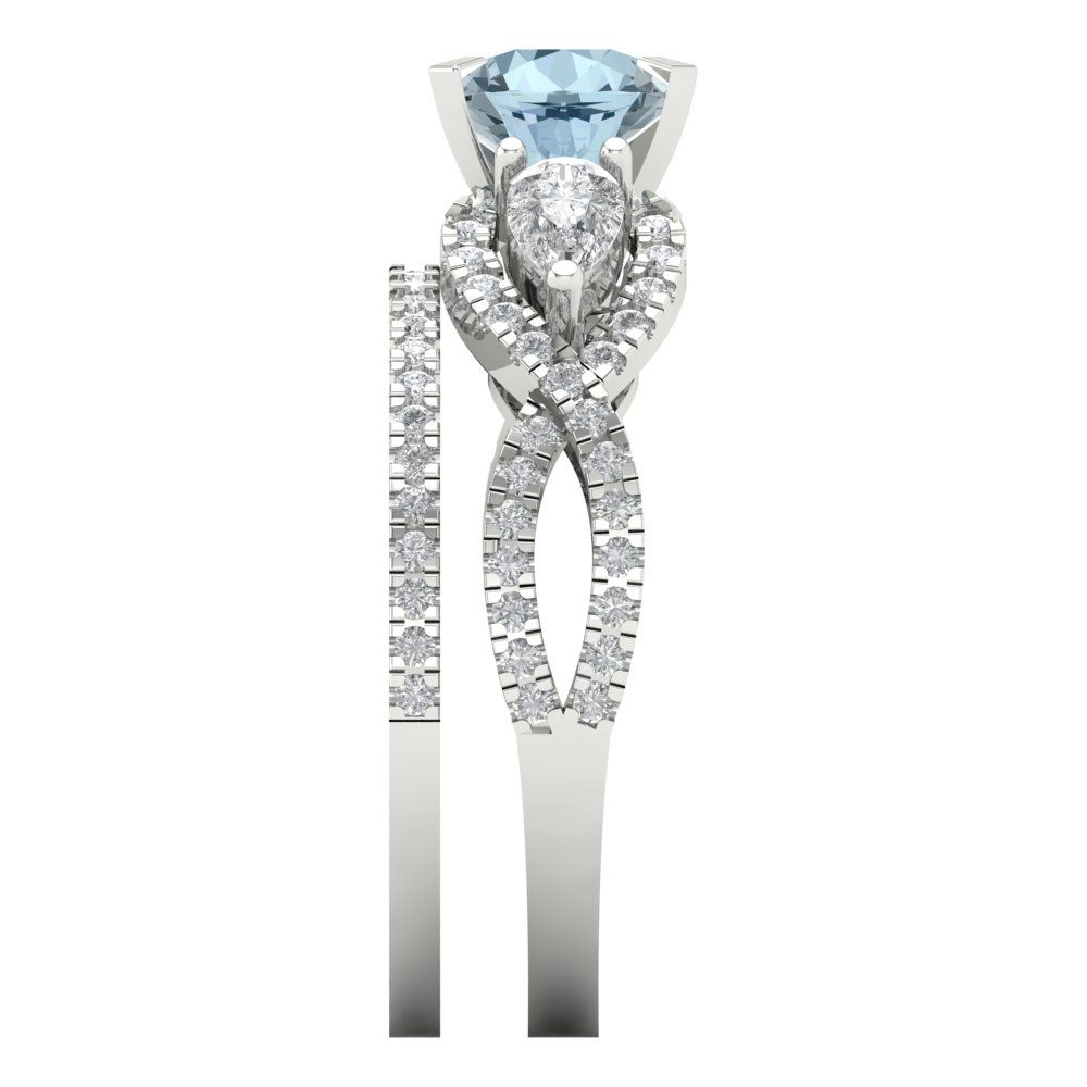 1.925 cttw Round Cut Natural Aquamarine Bridal Set - Solid White Gold Engagement Ring & Wedding Band