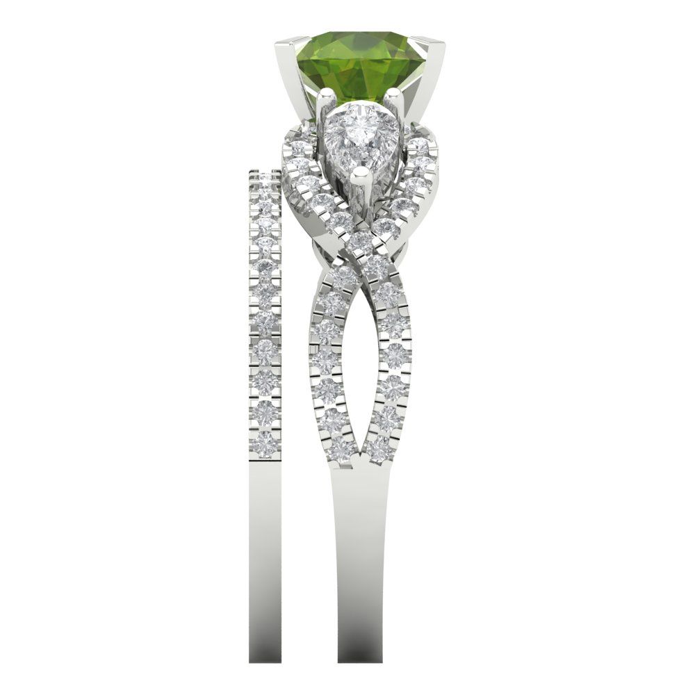 1.925 cttw Round Cut Natural Peridot Bridal Set - Solid White Gold Engagement Ring & Wedding Band