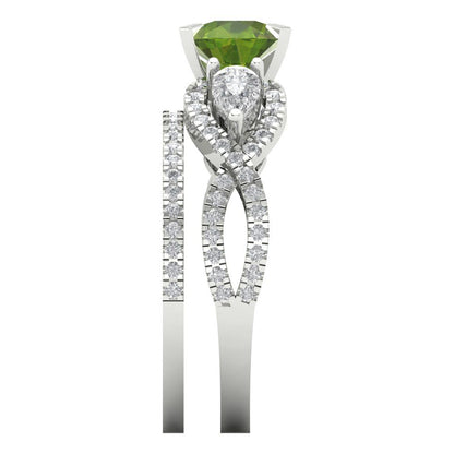 1.925 cttw Round Cut Natural Peridot Bridal Set - Solid White Gold Engagement Ring & Wedding Band