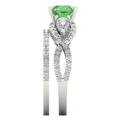 1.925 cttw Round Cut Simulated Green Diamond Bridal Set - Solid White Gold Engagement Ring & Wedding Band