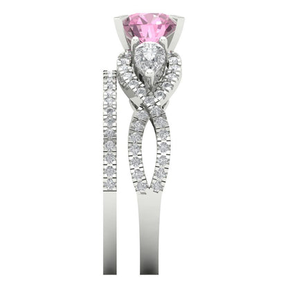 1.925 cttw Round Cut Simulated Pink Diamond Bridal Set - Solid White Gold Engagement Ring & Wedding Band