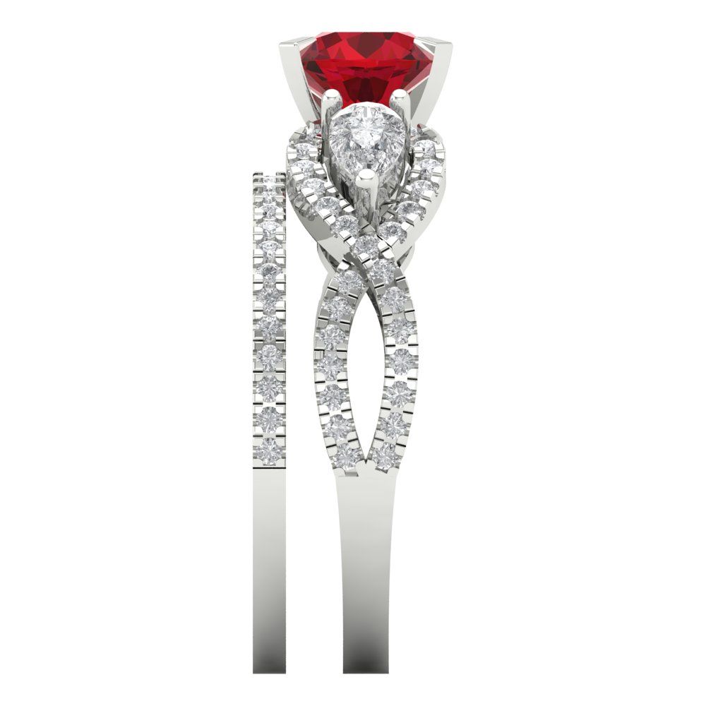 1.925 cttw Round Cut Simulated Ruby Bridal Set - Solid White Gold Engagement Ring & Wedding Band