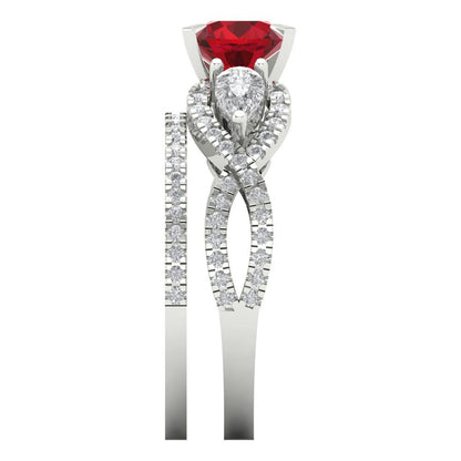 1.925 cttw Round Cut Simulated Ruby Bridal Set - Solid White Gold Engagement Ring & Wedding Band
