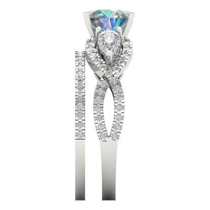 1.925 cttw Round Cut Blue Moissanite Bridal Set - Solid White Gold Engagement Ring & Wedding Band