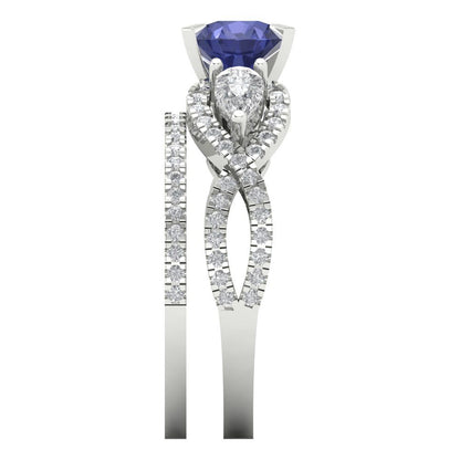 1.925 cttw Round Cut Simulated Tanzanite Bridal Set - Solid White Gold Engagement Ring & Wedding Band