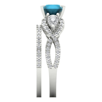 1.925 cttw Round Cut Simulated Turquoise Bridal Set - Solid White Gold Engagement Ring & Wedding Band