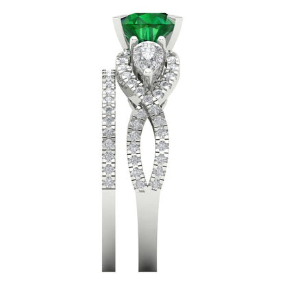 1.925 cttw Round Cut Simulated Emerald Bridal Set - Solid White Gold Engagement Ring & Wedding Band