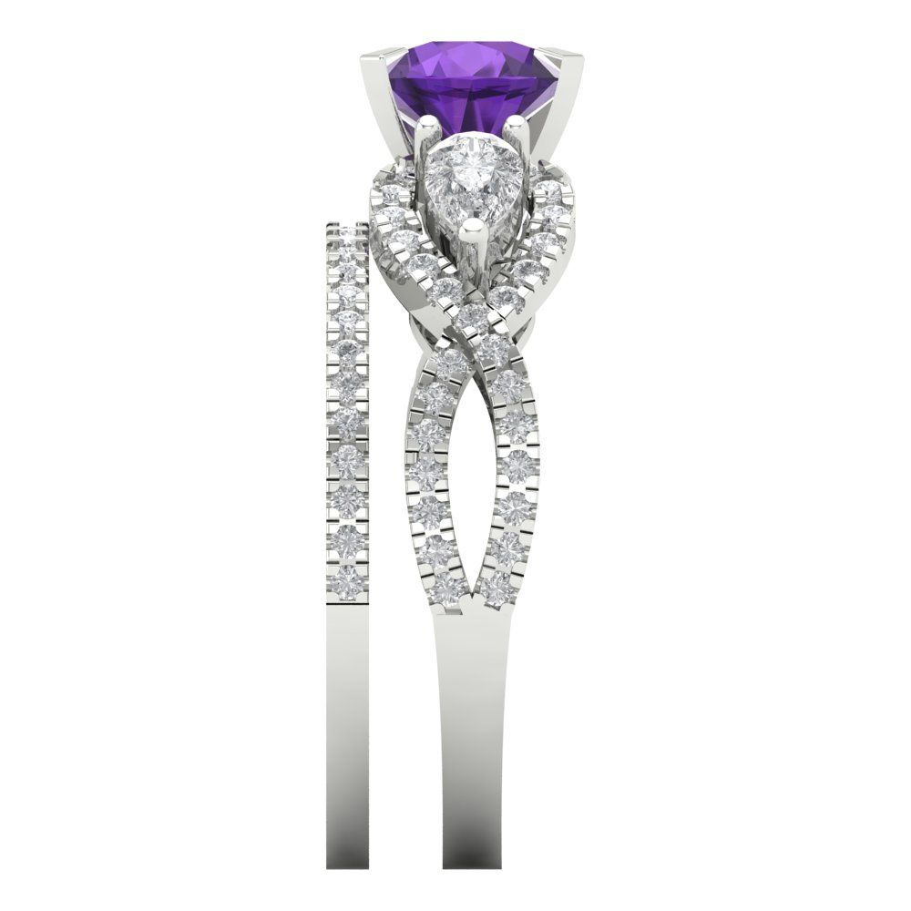 1.925 cttw Round Cut Natural Amethyst Bridal Set - Solid White Gold Engagement Ring & Wedding Band