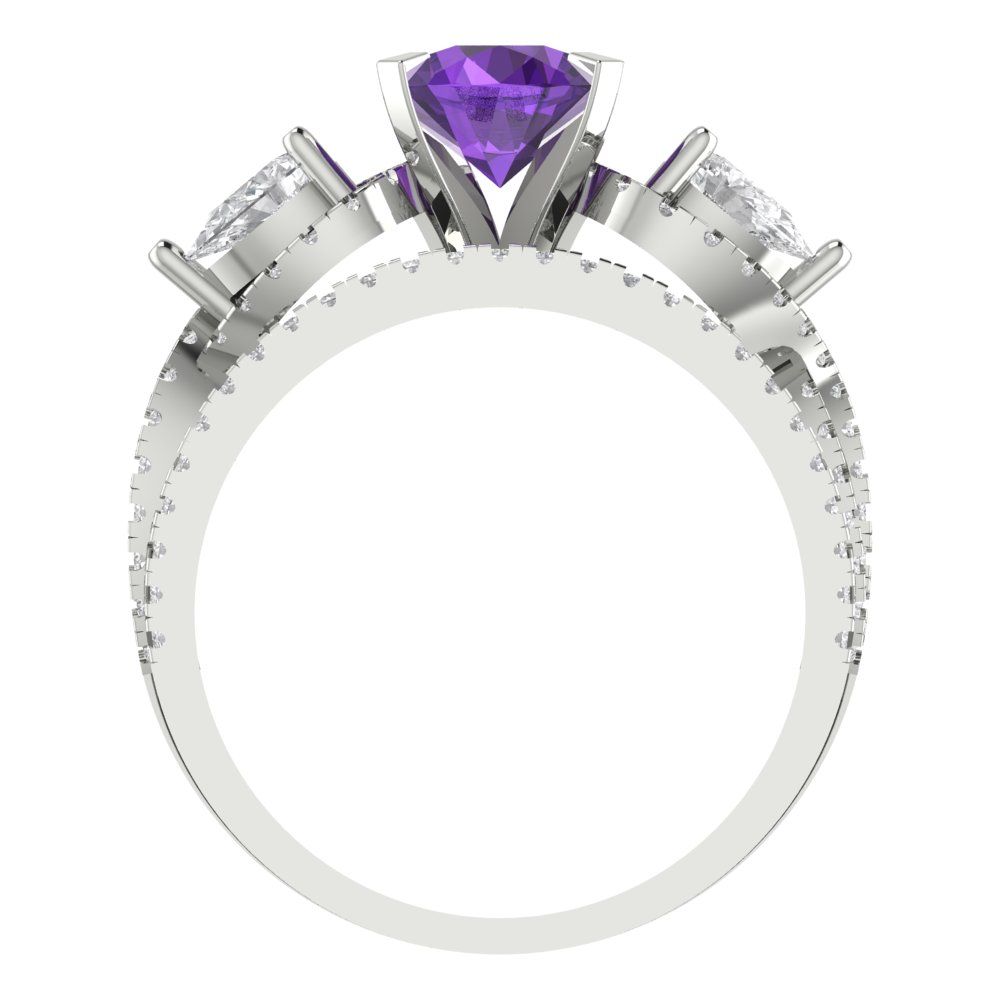1.925 cttw Round Cut Natural Amethyst Bridal Set - Solid White Gold Engagement Ring & Wedding Band