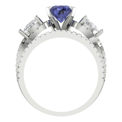 1.925 cttw Round Cut Simulated Tanzanite Bridal Set - Solid White Gold Engagement Ring & Wedding Band