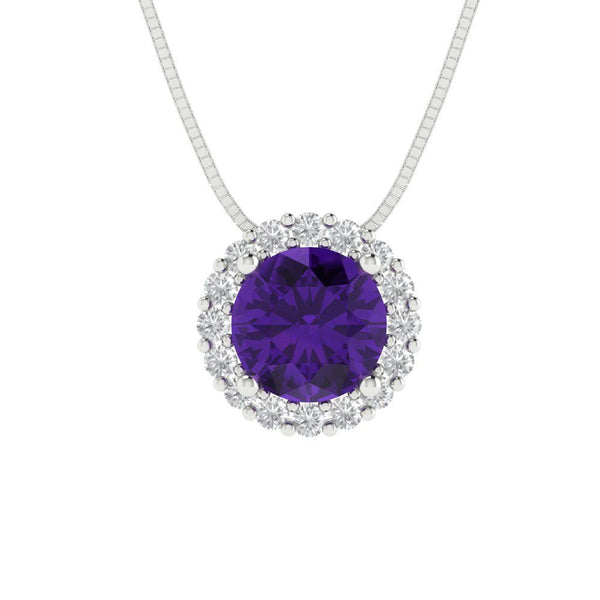 1.24 ct Brilliant Round Cut Halo Natural Amethyst Stone White Gold Pendant with 16" Chain