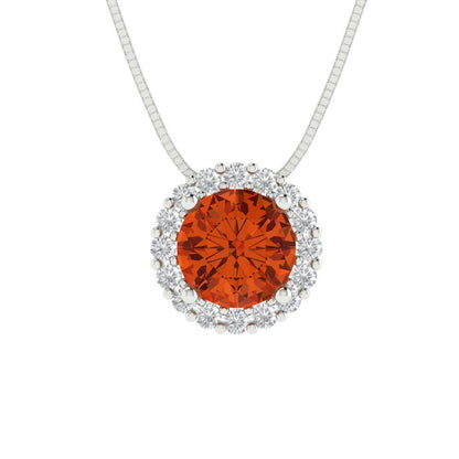 1.16 tcw Necklace Pendant - 14K White Gold Round Cut Halo Red - Adjustable Length - 15in Box Chain to 18in