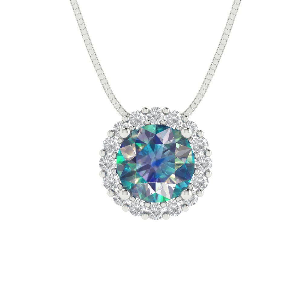 1.16 tcw Necklace Pendant - 14K White Gold Round Cut Halo Blue Moissanite - Adjustable Length - 15in Box Chain to 18in