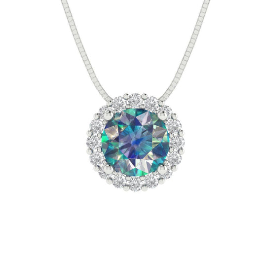 1.16 tcw Necklace Pendant - 14K White Gold Round Cut Halo Blue Moissanite - Adjustable Length - 15in Box Chain to 18in