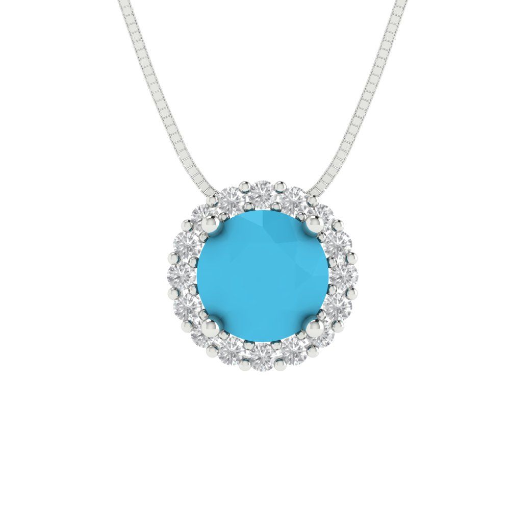 1.16 tcw Necklace Pendant - 14K White Gold Round Cut Halo Turquoise - Adjustable Length - 15in Box Chain to 18in