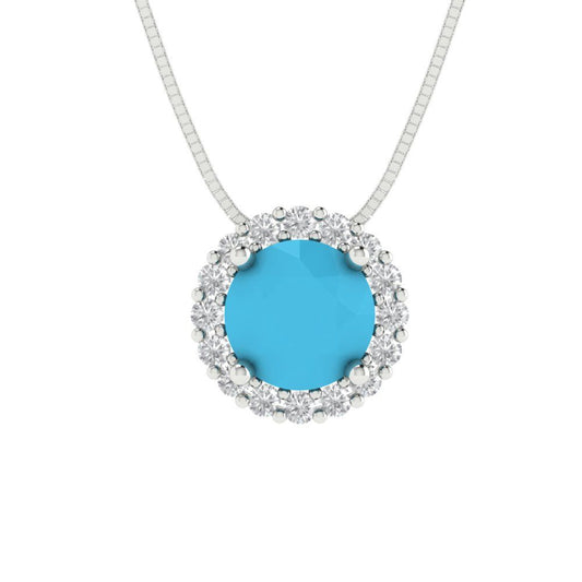 1.16 tcw Necklace Pendant - 14K White Gold Round Cut Halo Turquoise - Adjustable Length - 15in Box Chain to 18in