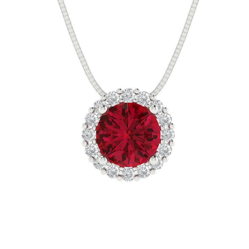 1.24 ct Brilliant Round Cut Halo Simulated Ruby Stone White Gold Pendant with 16" Chain