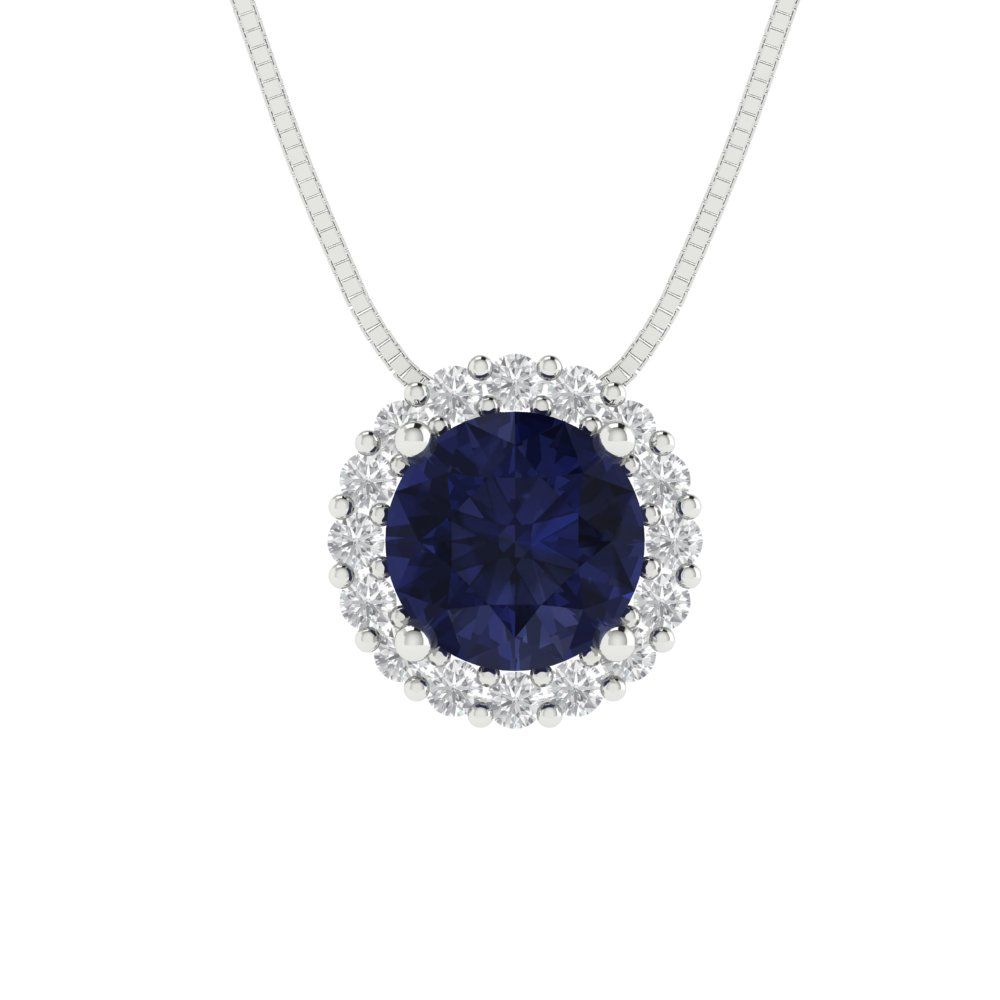 1.16 tcw Necklace Pendant - 14K White Gold Round Cut Halo Bluesapphire - Adjustable Length - 15in Box Chain to 18in