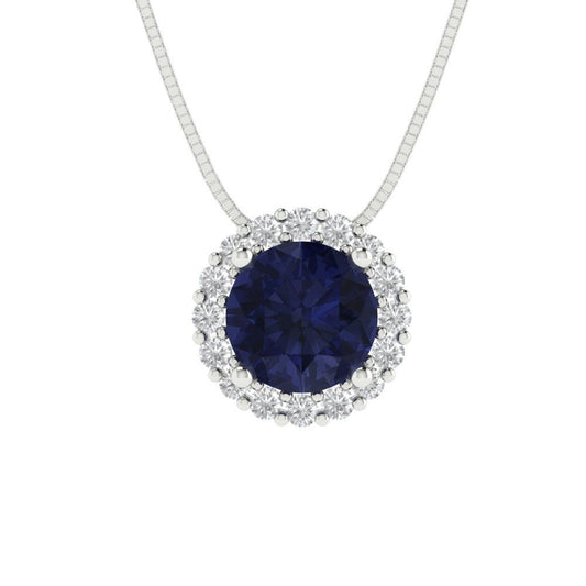 1.16 tcw Necklace Pendant - 14K White Gold Round Cut Halo Bluesapphire - Adjustable Length - 15in Box Chain to 18in