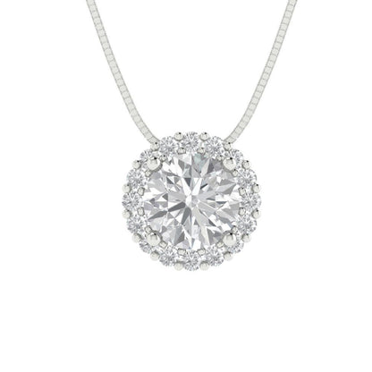 1.16 tcw Necklace Pendant - 14K White Gold Round Cut Halo Zirconia Diamond - Adjustable Length - 15in Box Chain to 18in