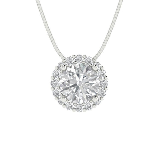1.16 tcw Necklace Pendant - 14K White Gold Round Cut Halo Zirconia Diamond - Adjustable Length - 15in Box Chain to 18in