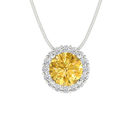 1.16 tcw Necklace Pendant - 14K White Gold Round Cut Halo Yellow - Adjustable Length - 15in Box Chain to 18in