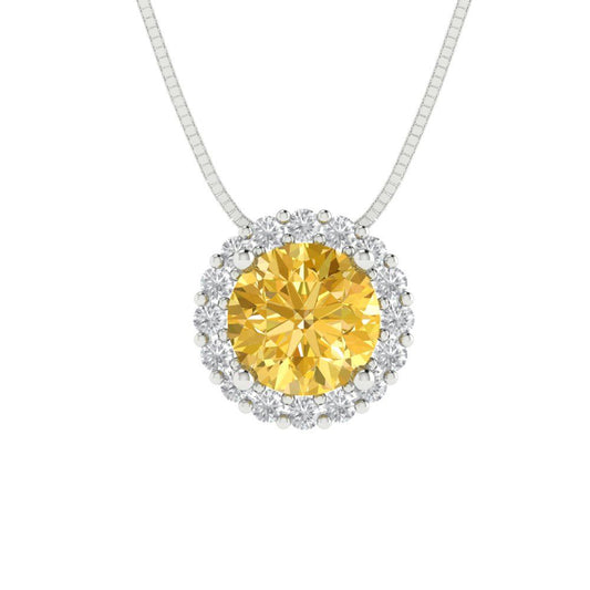1.16 tcw Necklace Pendant - 14K White Gold Round Cut Halo Yellow - Adjustable Length - 15in Box Chain to 18in