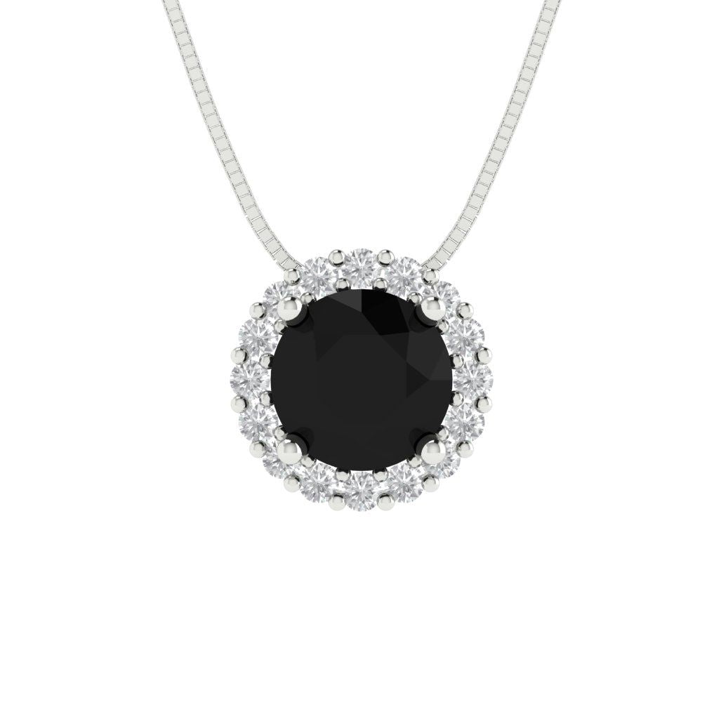 1.16 tcw Necklace Pendant - 14K White Gold Round Cut Halo Onyx - Adjustable Length - 15in Box Chain to 18in