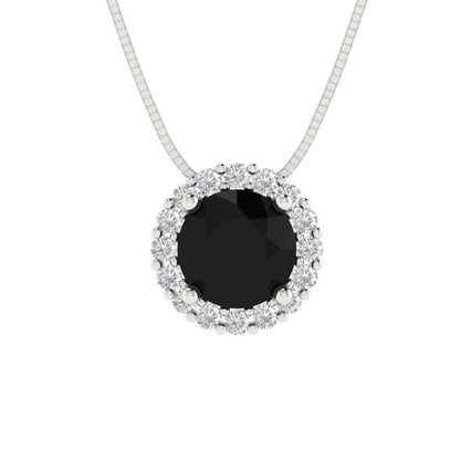 1.16 tcw Necklace Pendant - 14K White Gold Round Cut Halo Onyx - Adjustable Length - 15in Box Chain to 18in
