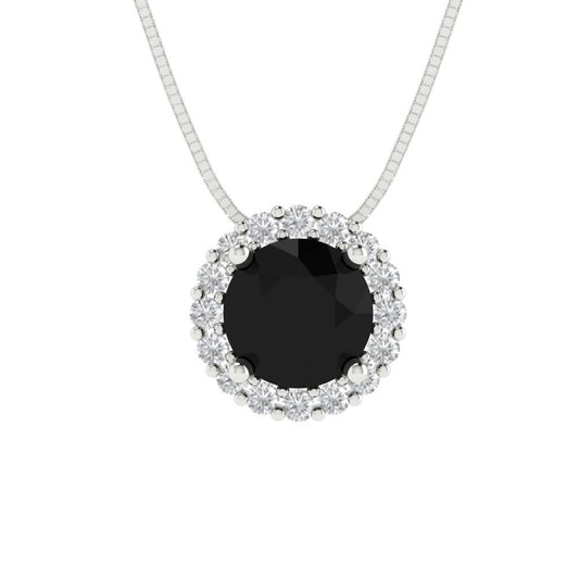 1.16 tcw Necklace Pendant - 14K White Gold Round Cut Halo Onyx - Adjustable Length - 15in Box Chain to 18in