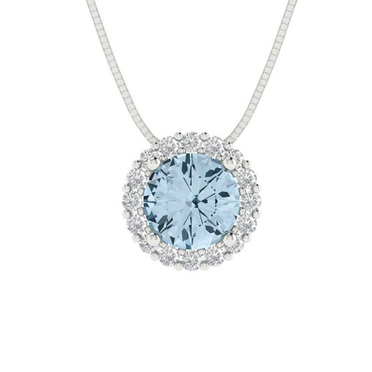 1.16 tcw Necklace Pendant - 14K White Gold Round Cut Halo Sky Blue Topaz - Adjustable Length - 15in Box Chain to 18in