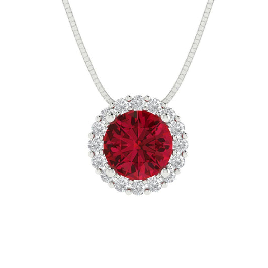 1.16 tcw Necklace Pendant - 14K White Gold Round Cut Halo Ruby - Adjustable Length - 15in Box Chain to 18in