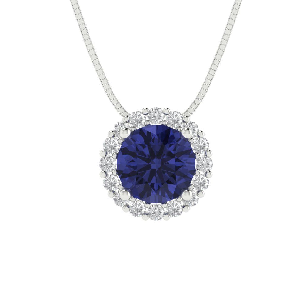 1.16 tcw Necklace Pendant - 14K White Gold Round Cut Halo Tanzanite - Adjustable Length - 15in Box Chain to 18in