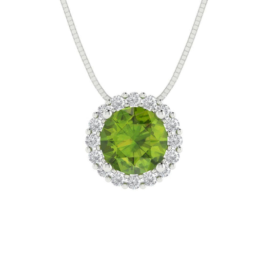 1.16 tcw Necklace Pendant - 14K White Gold Round Cut Halo Peridot - Adjustable Length - 15in Box Chain to 18in