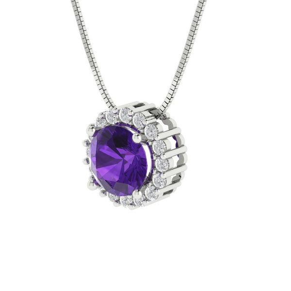 1.24 ct Brilliant Round Cut Halo Natural Amethyst Stone White Gold Pendant with 16" Chain