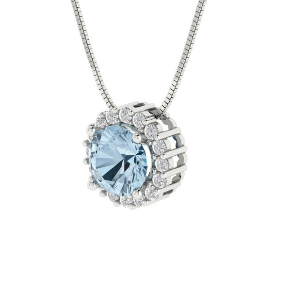 1.24 ct Brilliant Round Cut Halo Natural Swiss Blue Topaz Stone White Gold Pendant with 16" Chain