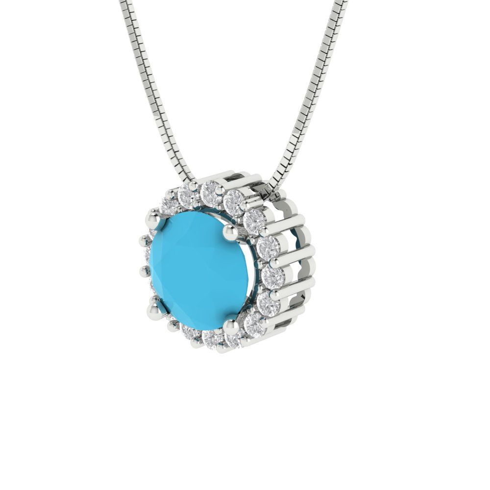 1.16 tcw Necklace Pendant - 14K White Gold Round Cut Halo Turquoise - Adjustable Length - 15in Box Chain to 18in