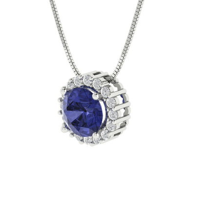 1.16 tcw Necklace Pendant - 14K White Gold Round Cut Halo Tanzanite - Adjustable Length - 15in Box Chain to 18in