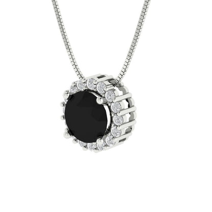 1.16 tcw Necklace Pendant - 14K White Gold Round Cut Halo Onyx - Adjustable Length - 15in Box Chain to 18in