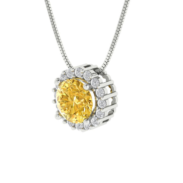 1.24 ct Brilliant Round Cut Halo Yellow Simulated Diamond Stone White Gold Pendant with 16" Chain