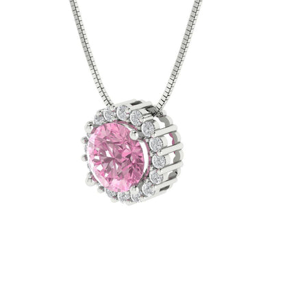 1.16 tcw Necklace Pendant - 14K White Gold Round Cut Halo Pink - Adjustable Length - 15in Box Chain to 18in